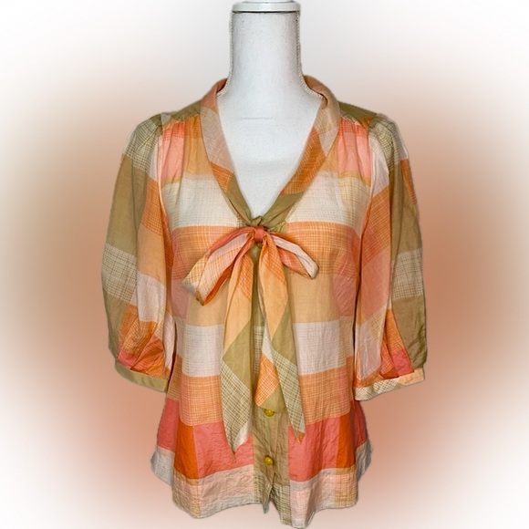 Maeve Anthropologie Plaid Tie Blouse Top Boho Women Size 4 Silk Blend Peach - Picture 1 of 7
